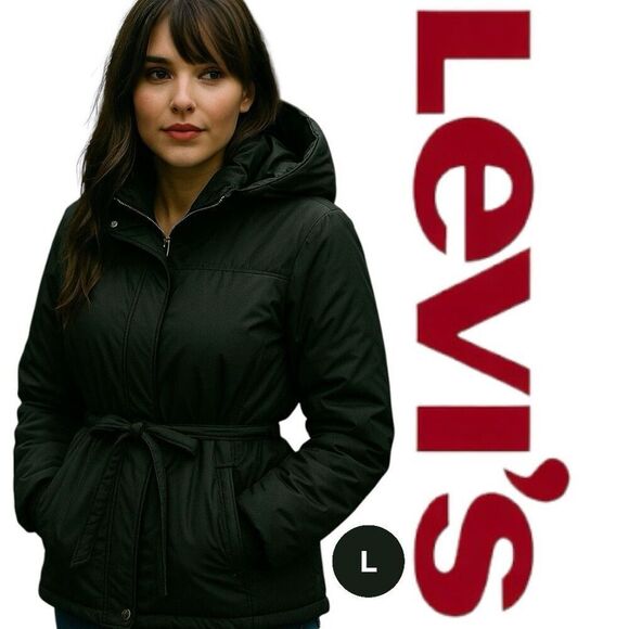 Woman’s Levi’s Black Puffer Jacket large Belted Zipper & Button close, hooded - Picture 1 of 12